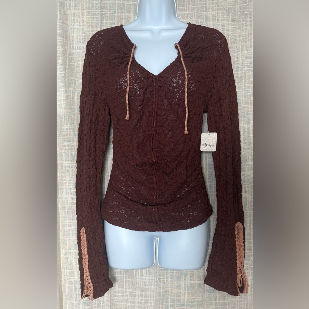 NWT Free People Lilah Lace Ruched Top - Size Medium- Burgundy Chocolate Boho